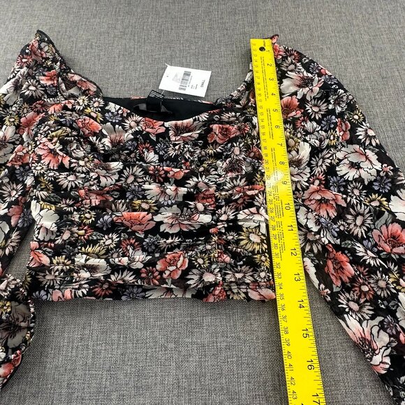NEW! Forever 21 Ruched  Cropped Top Long Sleeve Puffy Sleeves Small Floral Black - Picture 7 of 14